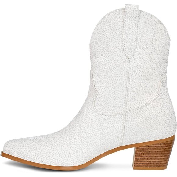 Women's Rhinestone Western Cowgirl Boots Embroidered Ankle High Pointed Toe - Picture 3 of 6